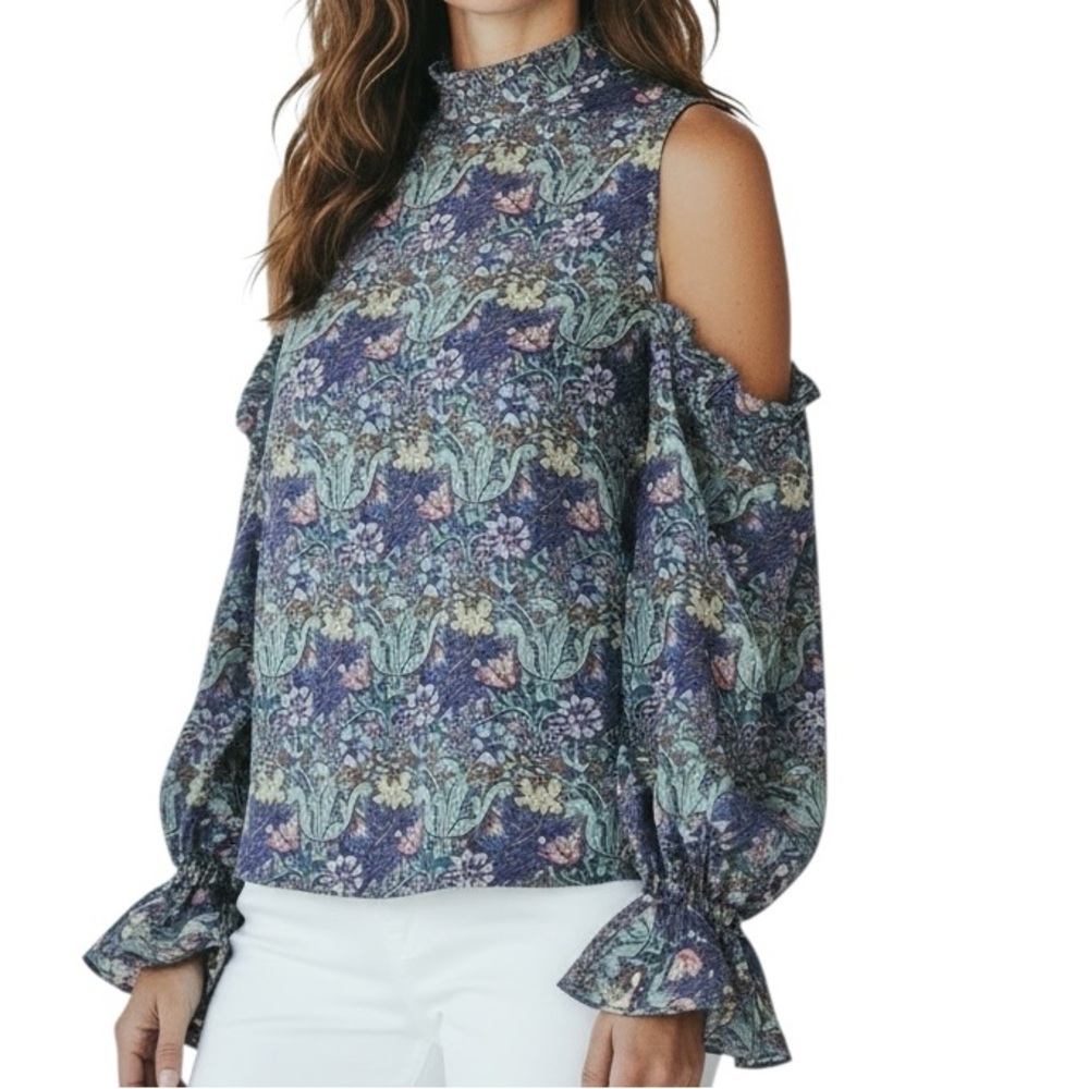 NWT BISHOP + YOUNG Floral Ruffle Long Sleeve Cold Shoulder Blouse Size Medium